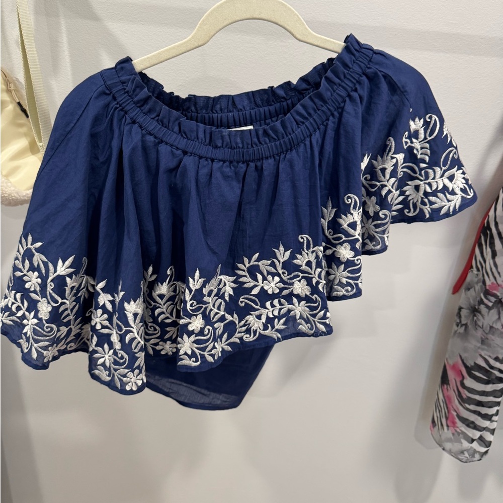 Misa Los Angeles Blue Asymmetrical Ruffled Blouse